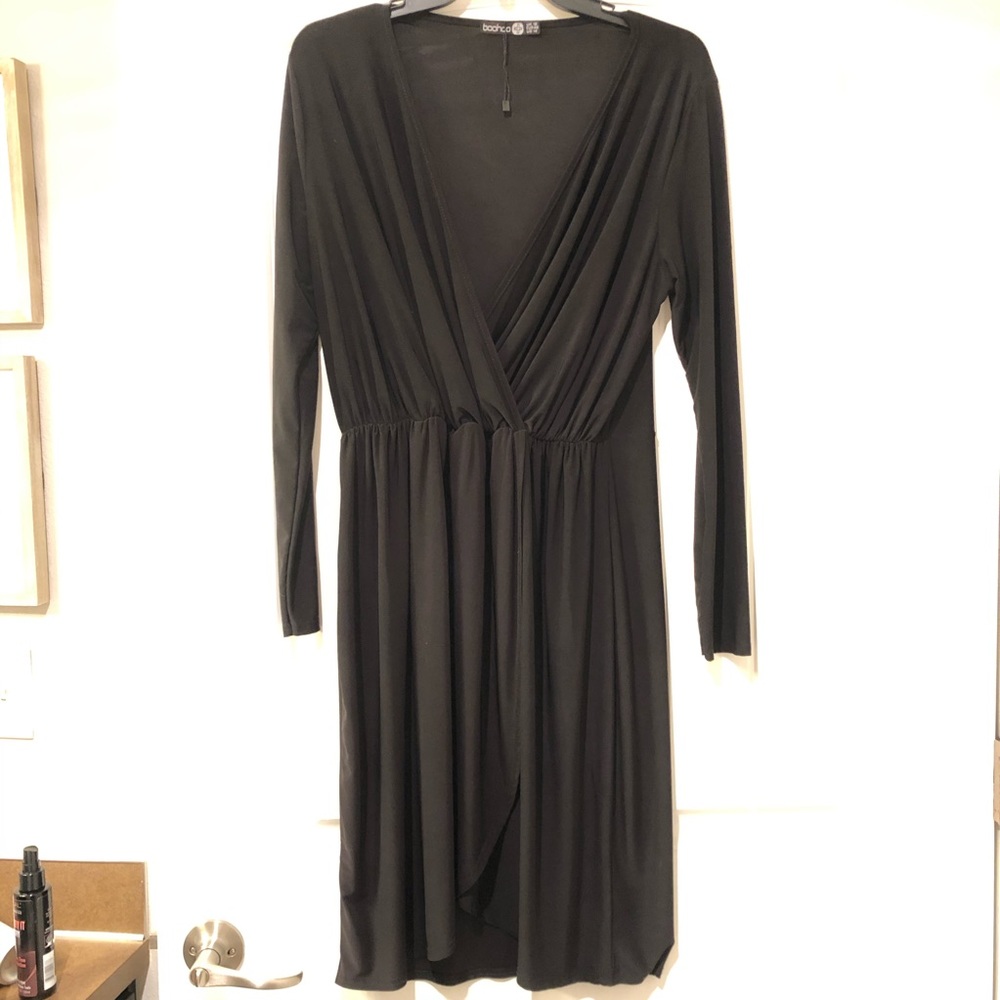 Black Long Sleeved Faux Wrap Dress